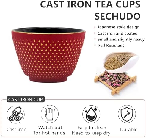 Japanese Cast Iron Tea Cups, Small and Heavy Teacups with no Handles, Japanese Style Cups for Adults, Asian Teacup, Coated with Enameled Interior, 4 Pcs/Box (Red, 2oz/60ml) - Image 3