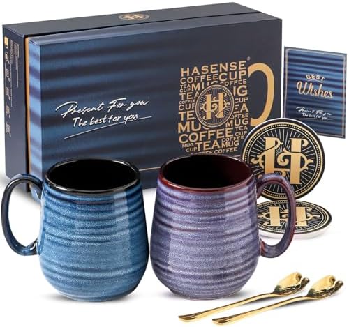 HASENSE Ceramic Coffee Mug Set, 20 Oz Tea Cups for Women and Men, Premium Large Latte Mugs with Handle, Gift Cup with Coaster & Gold Spoon for Couples, Blue & Purple by Hasense