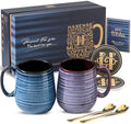 HASENSE Ceramic Coffee Mug Set, 20 Oz Tea Cups for Women and Men, Premium Large Latte Mugs with Handle, Gift Cup with Coaster & Gold Spoon for Couples, Blue & Purple by Hasense