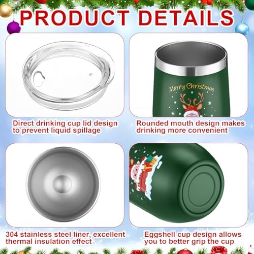 Nuogo 16 Set Colorful Christmas Tumblers with Lids and Straws and Spoons 12 oz Funny Stainless Steel Wine Tumbler Xmas Mugs Bulk Gifts for Coworker Teacher Women Men Holiday Party Decoration - Image 6