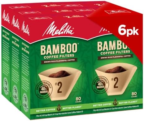 Melitta #2 Cone Coffee Filters, Bamboo, 80 Count (Pack Of 6), 480 Total Filters - Fits all 2-6 Cup Cone Coffee Makers and 1-cup Pour-Over Brewers, Compostable, Tear-Resistant, Made in USA by Unknown