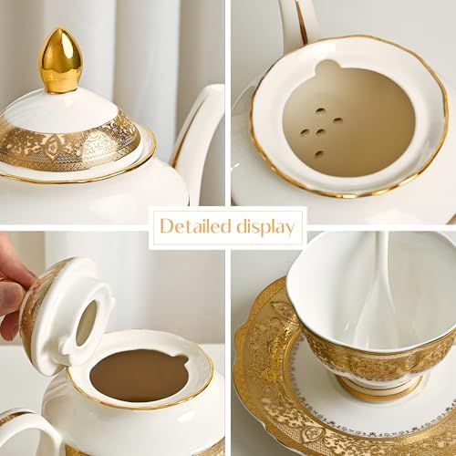 Luxury White & Gold Embossed Tea Cups and Saucers with Teapot, Sugar Bowl, & &Creamer, Vintage European Porcelain Coffee Set for Tea Party, Wedding, Gift (Gold Lace, 17pcs/set) - Image 7