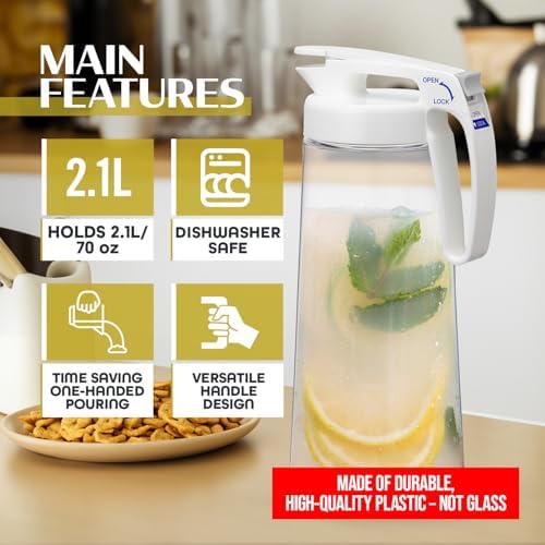Lustroware QuickServe Airtight Pitcher - 2.1L (70oz), Heat Resistant, BPA-Free SAN Plastic, One Touch Open & Close, Space-Saving, Made in Japan - White - Image 4