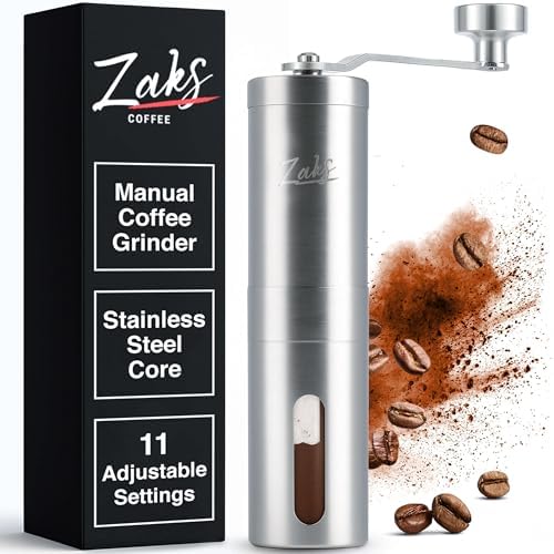 ZaksCoffee Manual Coffee Grinder Stainless Steel Core – Hand Coffee Grinder with 11 Adjustable Settings, Durable Handle and Knob, Portable and Quiet Design for Travel or Home Brewing by Unknown
