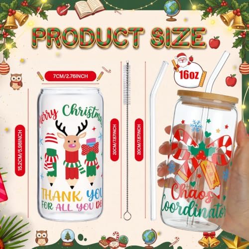 Vesici 6 Set Christmas Teacher Appreciation Gifts Glass Cups with Lid Straw - Image 3