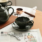 Ceramic Flower-shaped Tea Cup and Saucer Set 5oz/150ml Cappuccino Coffee Mug and Saucer, Unique Designer Pottery Gift for Tea Lovers (Green) - Image 2