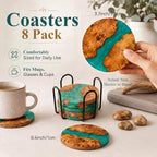 Resin Wood Coaster Set of 8 - Handmade Epoxy Coasters with Holder, Mountain Sea Design for Coffee Table Protection & Home Decor - Image 2