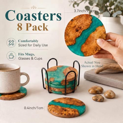 Resin Wood Coaster Set of 8 - Handmade Epoxy Coasters with Holder, Mountain Sea Design for Coffee Table Protection & Home Decor - Image 2
