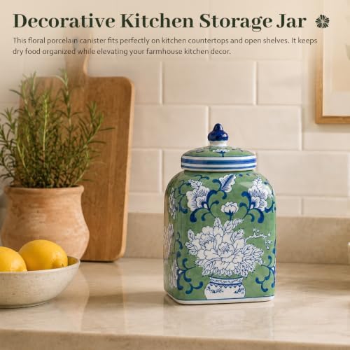 Ceramic Tea Canister with Airtight Lid, 10" H Kitchen Decor Jar for Loose Leaf Tea & Coffee Bean Storage, Hand-painted Chinoiserie Ginger Jars for Home Decor, 121 fl oz - Green Peony - Image 7
