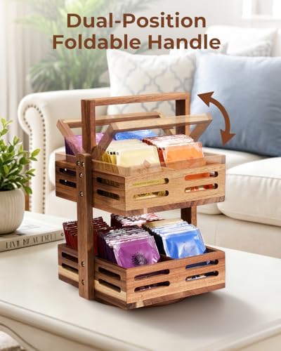 Acacia Wood Tea Bag Organizer, 360° Rotating 2-Tier Storage Holder with 8 Compartments, Holds 80+ Tea Bags for Kitchen Countertop, Tea Station, Home Decor - Image 5