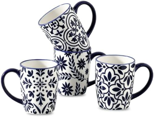 Blue Coffee Mugs Set of 4, Ceramic 16oz Tea Cup with Large Handle by Tikooere