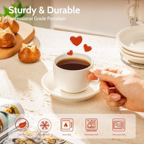 Sweese 8 Ounce Porcelain Stackable Cappuccino Cups with Saucers and Metal Stand - for Specialty Coffee Drinks, Cappuccino, Latte, Americano and Tea - Set of 4, White - Image 2