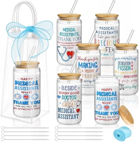 Mumufy 6 Sets Medical Assistants Glass Cups Gifts 16 Oz with Lids Straws by Mumufy