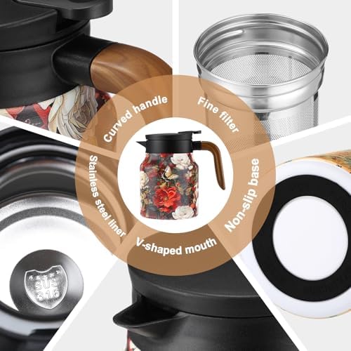 LemonRoad 2 Pcs 35 oz Vintage Floral Pattern Tea Pot with Infuser | Stainless Steel Insulated Tea Pot with Lid and Wooden Handle Thermal Carafe for Hot Drinks Coffee(Red, Blue) - Image 3