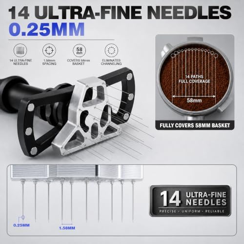 WDT Tool Rotary Espresso 58mm, Needle Distributor with Press & Spin Mechanism – 14 Ultra Fine 0.25mm Needles, Retractable Storage for Espresso Basket - Image 3