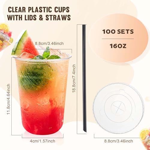 tchrules 100 Set 16oz Clear Plastic Iced Coffee Cups with Lids and Straws - Image 2