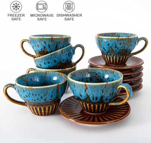 4 oz Espresso Cups with Saucers Set of 6, Ceramic Tea Cup for Latte, Coffee - Image 3