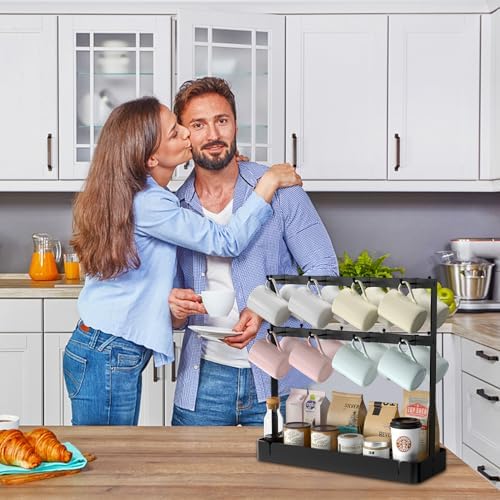 RCHYFEED 2 Tier Coffee Cup Holder with 16 Movable Hooks & Storage Basket - Image 6