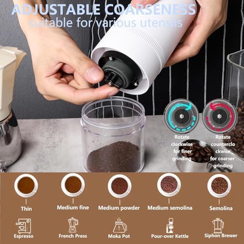 Portable Electric Burr Coffee Grinder Multi Adjustable Settings Rechargeable Coffee Bean Grinder with Conical Ceramic Burr, for Travel, Camping (WHITE) - Image 3