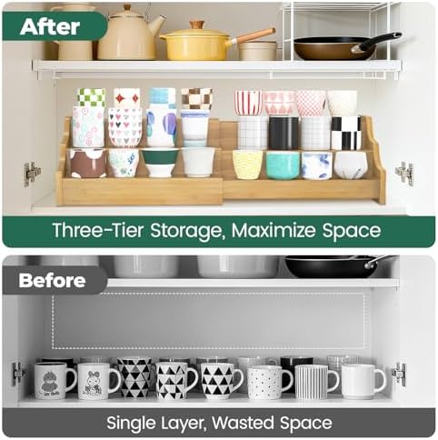 EsLuker.ly Coffee Mug Cup Holder Rack for Cabinets Countertop, 3 Tier Expandable Mug Storage Organizer Bamboo Coffee Bar Station Display Stand Shelf for Kitchen Countertop, No Assembly, More Space - Image 6
