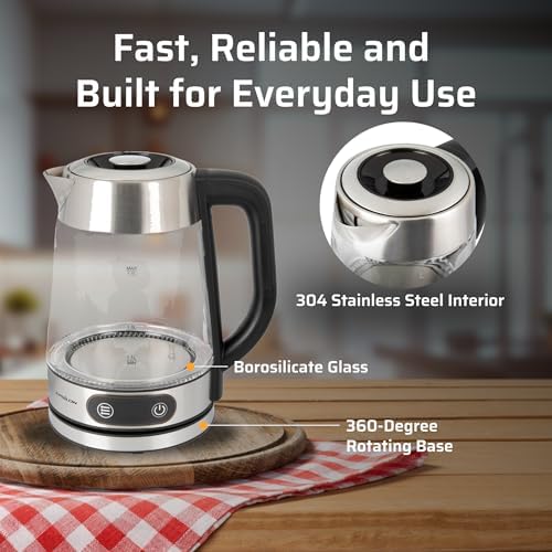 Epsilon 1.8L Glass Electric Kettle – Hot Water Tea Kettle with Borosilicate Glass & Stainless Steel, Auto Shut-Off, Fast Boil 1100W Electric Teapot, BPA-Free, Cool Touch Base - Image 3