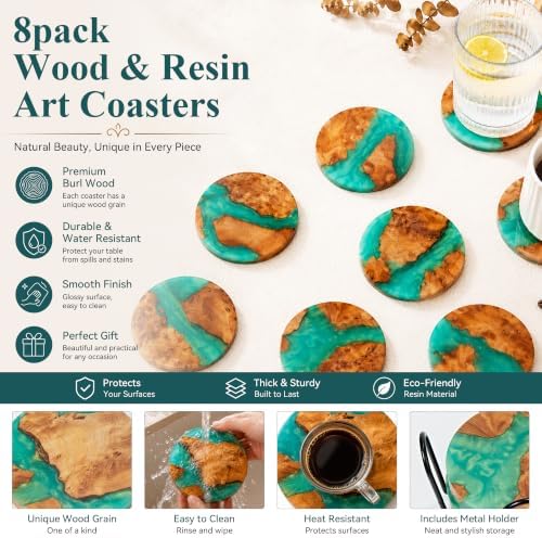 Resin Wood Coaster Set of 8 - Handmade Epoxy Coasters with Holder, Mountain Sea Design for Coffee Table Protection & Home Decor - Image 6