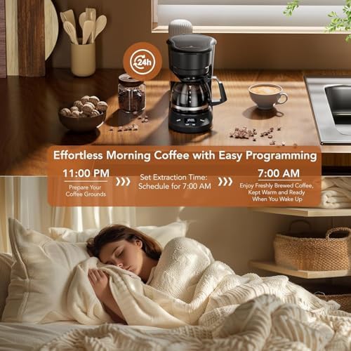 Electactic 5 Cup Programmable Drip Coffee Maker, 24H Delay Brew, 2H Keep Warm & Auto Shut Off, Pause & Serve, Reusable Filter, Glass Coffee Pot, Small Coffee Machine for Home Office - Image 3