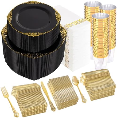 YOUBET 700PCS Black Plastic Dinnerware Set for Wedding Party by YOUBET