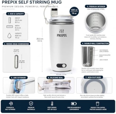 PREPIX Self Stirring Mug, USB-C Rechargeable Coffee Mixer, Stainless Steel Insulated Travel Mug with Electric Stirrer & Spill-Proof Lid, for Coffee, Hot Chocolate & Matcha, 14oz - Image 5
