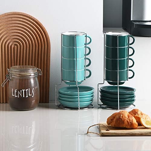Sweejar Porcelain Espresso Cups with Saucers, 4 Ounce Stackable Cappuccino Cups with Metal Stand for Coffee Drinks, Latte, Tea - Set of 4 (Jade) - Image 6