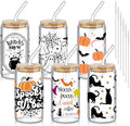 SiliFine 6 Pcs Halloween Glass Cups, 16 oz with Lids and Straws by SiliFine