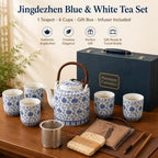 Blue and White Porcelain Tea Set, 9-Piece Ceramic Tea Set with Teapot, Infuser, 6 Tea Cups and Tea Tray, Chinese Gongfu Tea Set for Home, Office and Tea Parties - Image 2