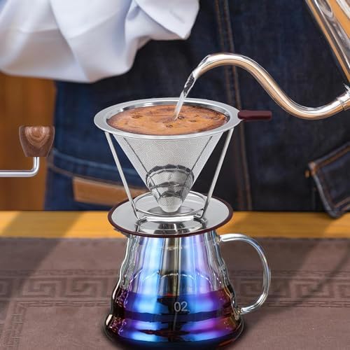 MISETTO Pour Over Coffee Dripper Set - Stainless Steel Paperless Filter and Iridescent Glass Server - Heat Resistant Pot 500ml (17oz) - Complete Single Cup Combination - Image 7