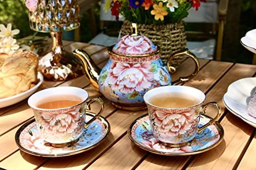 20 Pieces Porcelain Tea Set With Metal Holder, European Ceramic tea set for adults,Flower Tea Set,Tea Set For Women With Flower Painting(Large version, Light Blue)) - Image 5