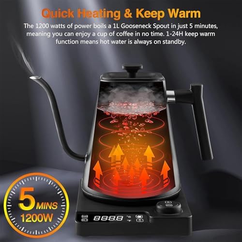 Gooseneck Kettle Electric, Temperature Control Kettle with 40-100°C Temperature Control and 24H Keep Warm Fast Boil, Digital Display Screen & 1200W High Capacity for Specialty Coffee and Tea - Image 2