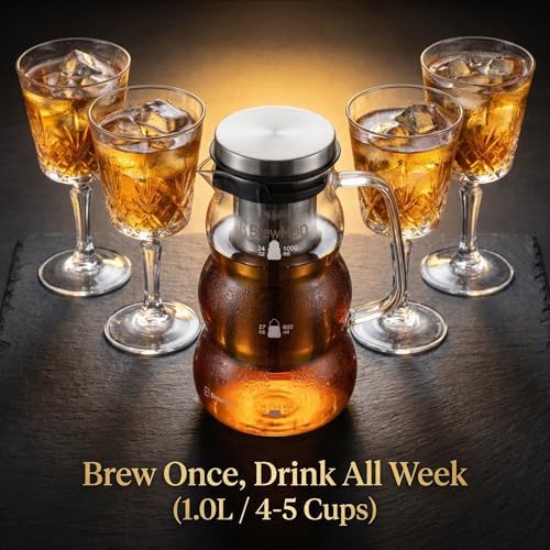 Cold Brew Coffee Pitcher (1.0L/34oz) - Elegant Sleek Wave Borosilicate Glass Pitcher with 100um 304 Stainless Steel Filter & Airtight Lid, Efforless Mannual for Beginner, Sophisticated Gift - Image 7