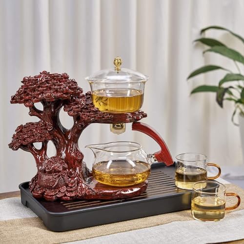 Zurucily Glass Teapot Set with Infuser Semi Automatic Tea Set Magic Teapot (Tree - red) - Image 2