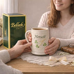 Belleek Classic Herself 12 oz Irish Coffee Mug, Handcrafted Microwave Safe Parian China Cup, Shamrock Decor, White - Image 2