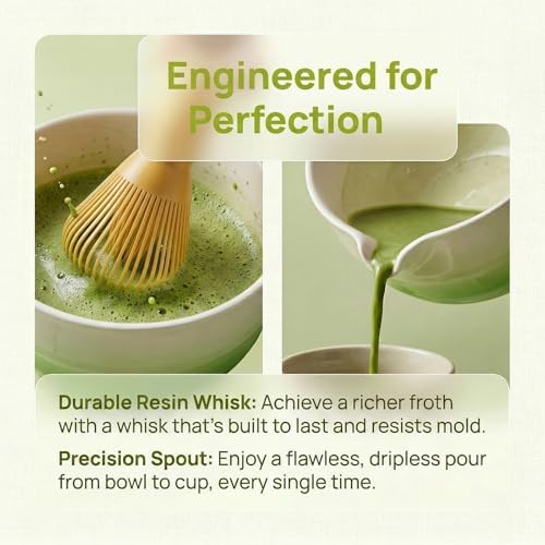 7Pcs Matcha Set, Matcha Whisk Set - Whisk Plastic Whisk, Whisk Holder, Matcha Bowl with Pouring Spout, Scoop, Sifter, Absorbent Cloth - Japanese Tea Ceremony Set for Home Use or Gift, Gradient Green - Image 4