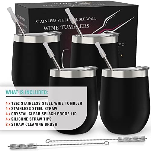 CHILLOUT LIFE 12 oz Stainless Steel Wine Tumblers 4 Pack - Double Wall Vacuum Insulated Wine Cups with Lids and Straws Set for Coffee, Wine, Cocktails - Powder Coated Black - Image 4