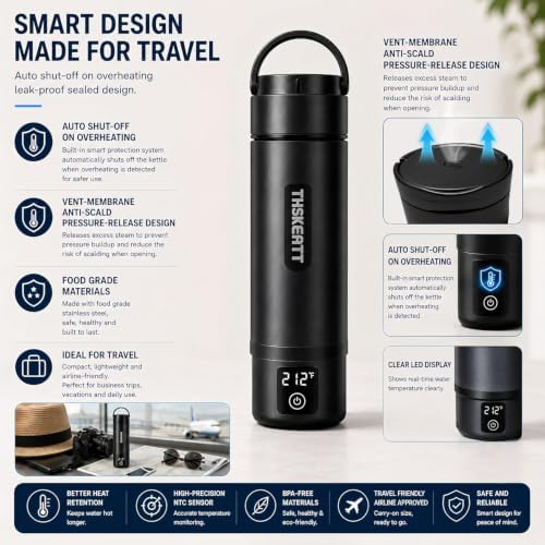 Portable Electric Kettle, Thskeatt Vacuum Stainless Steel Double Wall Travel Electric Kettle, Fast Boil, Auto Shut-Off, Keep Warm, for Travel Camping Office Coffee Tea - Image 6