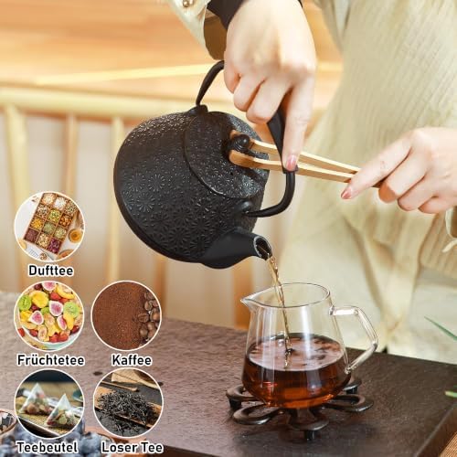 Cast Iron Teapot, 32oz Tea Kettle with Infuser for Stove Top, Sakura Blossom Pattern Japanese Tea Pot for Tea & Coffee Coated with Enameled Interior, Silicone Handle 950ml black - Image 4
