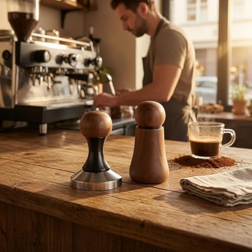 Industrial Distributor Espresso Tamper And Distributor Coffee Piece Set Stainless Steel Base Walnut Top Smooth Finish Suitable for Counters Routines Coffee Corners, 53MM - Image 4