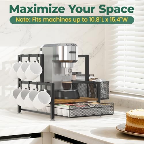 EsLuker.ly Coffee Bar Station Organizer with K Cup Drawer, 7 Mug Hooks - Image 4