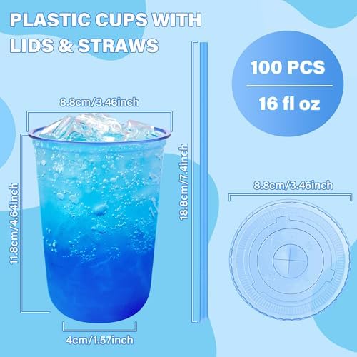 tchrules 100 Set 16oz Blue Round Bottom Plastic Cups with Lids and Straws - Image 2