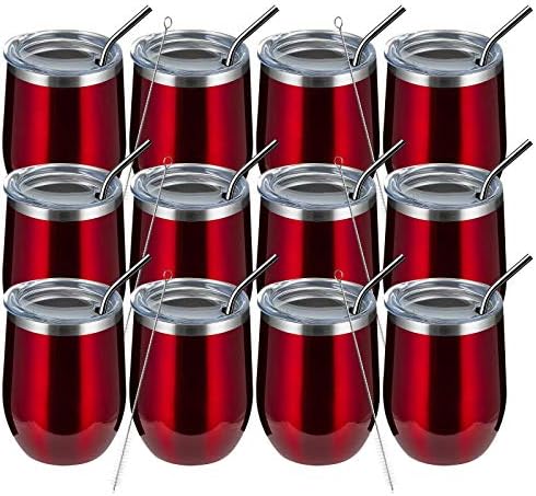 MEWAY 12oz/12 Pack Wine Tumbler Glasses with Lid -Double Wall Vacuum Stainless Steel Travel Tumbler Mug,Stemless Insulated Wine Cup for,Coffee,Cocktails,Gifts (Burgundy,Set of 12) by MEWAY