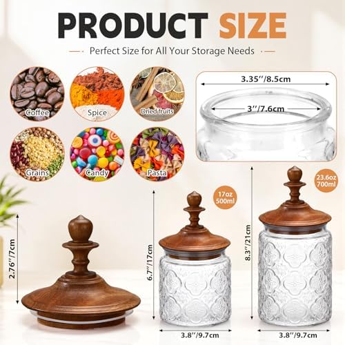 Suclain 6 Pack 24oz Glass Spice Jars with Dark Wood Lids Vintage Canisters with Begonia Pattern Airtight Food Storage Container for Home Kitchen Tea Coffee Spice Pantry Organization Decorations - Image 2