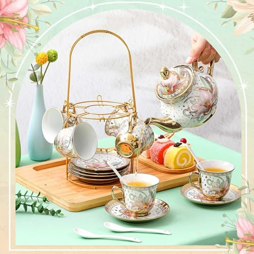 Zhehao 20 Pcs Porcelain Tea Set for Adult, with Metal Holder, Heritage - Image 3
