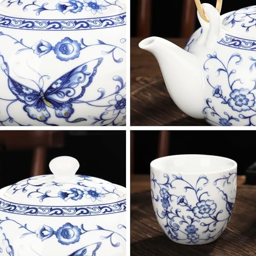 fanquare Chinese Blue and White Porcelain Tea Set with 1 Teapot Set, 6 Tea Cups, Butterfly Pattern Asian Japanese Tea Sets for Adults - Image 2
