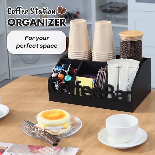 Coffee Bar Organizer Countertop, Wood Tea & Coffee Pod Station Caddy, Black - Image 2